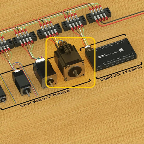 Integrated NEMA 23 Servo Stepper Motor With Built In Encoder And Closed Loop Motion Controller And Driver CAN Bus Interface Aluminum Case High Torque 2000 RPM 1.26 Nm 3.5A 24 48VDC UIM5756CM on a wooden surface connected with wiring