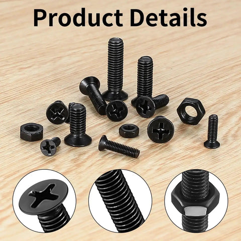 580 Pcs M3 M4 M5 Screws and Nuts Set Black Countersunk Phillips Flat Head Machine Screws with Washers Carbon Steel Assortment
