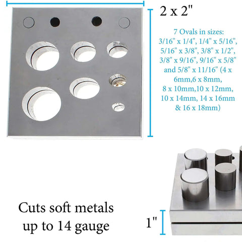 Oval Disc Cutter Set With Seven Punches And Die For Soft Metal Up To 14 Gauge, showing variety of punch sizes and steel die.