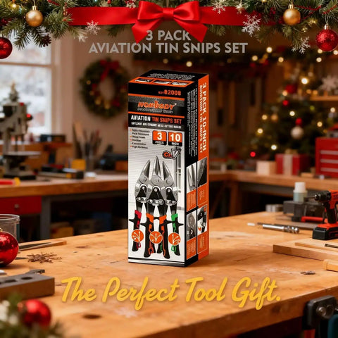 3 Pack 10 Inch Aviation Tin Snips Set for sheet metal cutting displayed on a workshop bench, packaging visible with holiday decor.