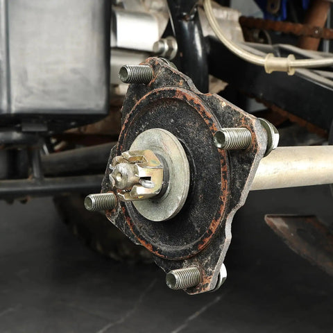 Close-up of vehicle wheel hub with Heavy Duty M10 x 1.25mm Flanged Hex Bolts, 25mm Length, Set of 8 for ATV UTV Quads