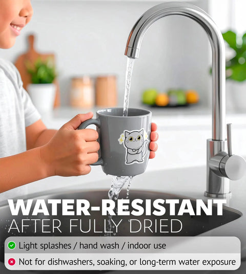 Person holding a gray mug with a cat design under a faucet, demonstrating water resistance after drying.