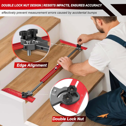 Person using Pro Grade Stair Tread Template Tool With Adjustable 23 Inch To 64.2 Inch Bar 14 Inch Pivoting Scale Dual Knobs And Stop Pins For Error Free Transfers And Precise Measurements Every Time on wooden stairs.