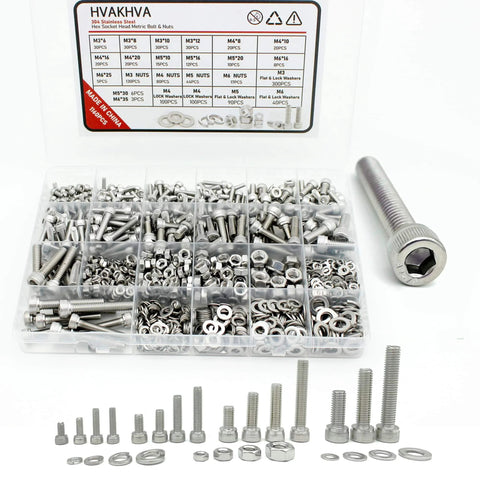 304 Stainless Steel Hex Socket Cap Bolts And Nuts Set, 1160 Piece M3 To M6 Metric Hardware With Flat And Lock Washers displayed in a box