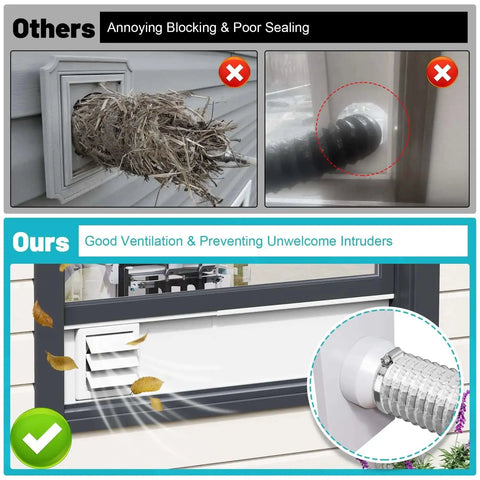 Comparison of window vent kits highlighting Universal Vent Port with adjustable seal and louvered air vent for effective ventilation.