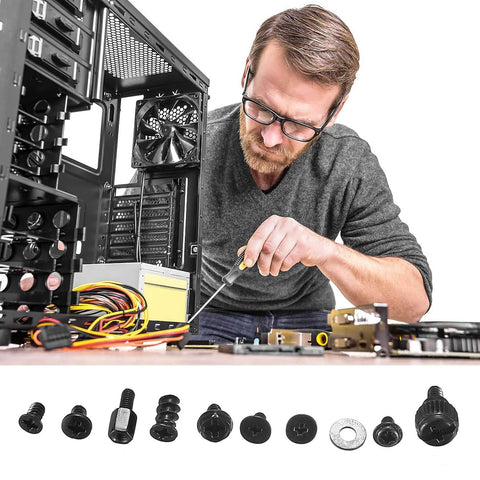 Man assembling PC with 420 Pcs Computer Screws And Standoffs Kit for motherboard, laptop, PC case fans, HDD, SSD hardware.
