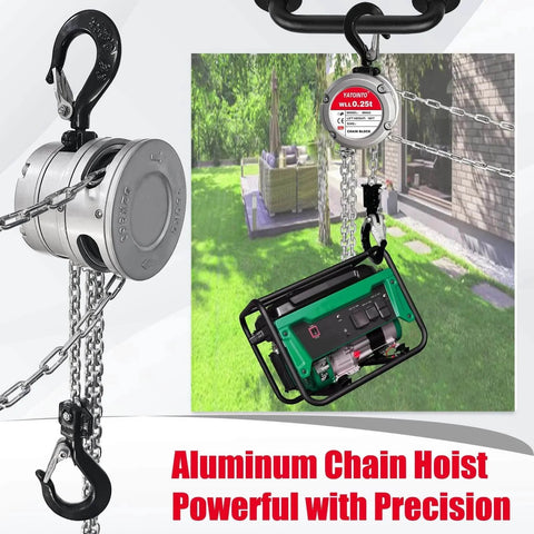 Manual Chain Hoist 0.25 Ton 550 Lbs Capacity 10 Foot Lift 360 Degree Rotatable Chain Block With Dual Safety Hooks displayed outdoors