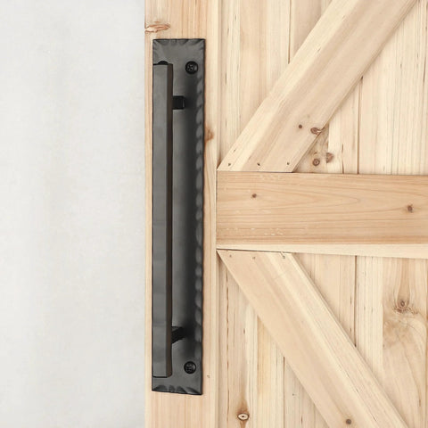 Matte Black 14 Inch Heavy Duty Barn Door Handle Set For Sliding Doors And Gates, Solid Square Metal Construction, installed on wood