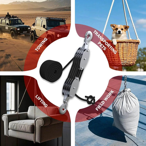 Heavy Duty Rope Hoist With Pulley Block And Tackle 4400Lb Capacity 65ft 8 To 1 Lifting shown with multiple uses like towing and lifting.