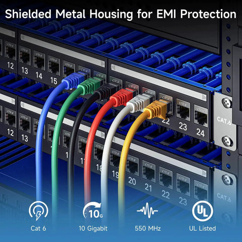 Shielded metal housing patch panel with 5 pack shielded Cat6 keystone couplers for RJ45 Ethernet, EMI protection, 10Gbps ready