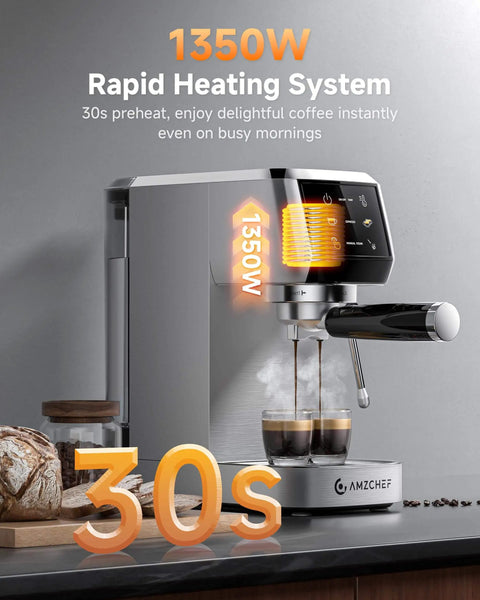 20 Bar Espresso Machine With Milk Frother For Rich Crema At Home, Lightning Fast 30 Second Preheat, 1350W High Pressure Coffee Maker