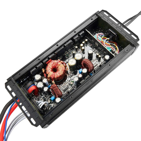 Internal view of Beefy 600W RMS Two Channel Marine Amplifier With 1200W Peak Bridgeable Micro Class D IPX67 Waterproof electronics.