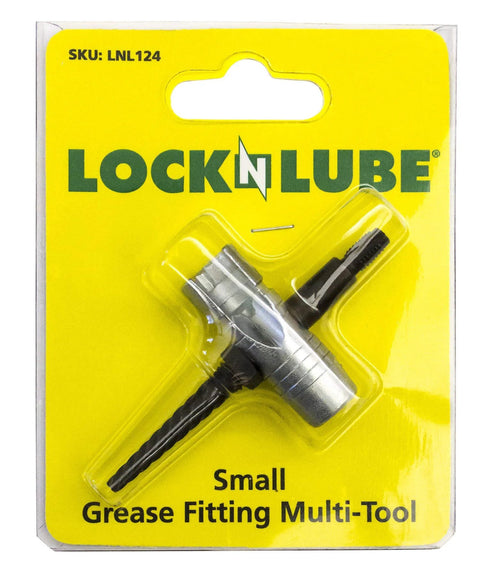 LockNLUBE grease fitting multi-tool, small metal tool in clear blister pack on yellow packaging.