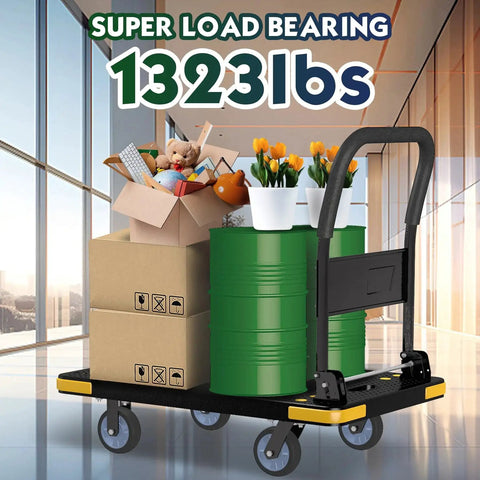 Foldable Platform Cart With 1323 Pound Capacity Four Wheel System loaded with boxes, green barrels, and plants in an office.