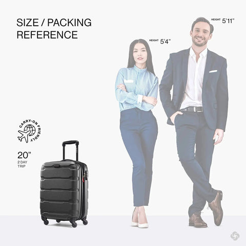 Expandable Hardside Carry On Luggage With Four Spinner Wheels For Easy Travel, 20 Inch Size, Lightweight And Durable Omni PC Shell, Max Packing Power, 6.81 Lb, Black, 10 Year Warranty From Samsonite next to models for size reference.