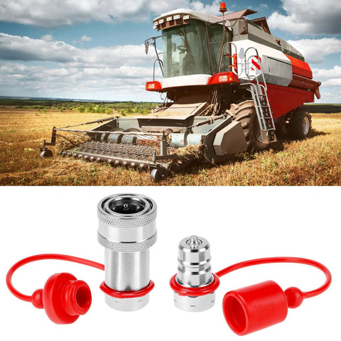 QWORK hydraulic quick connect couplers set of 2 with red dust caps, hardened steel, 3/8 NPT/ISO, 4,000 PSI.