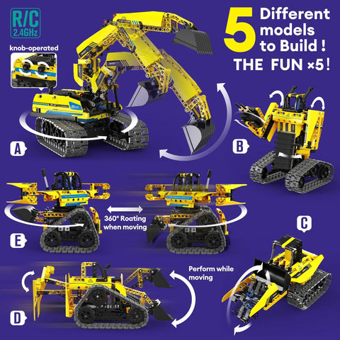 LECPOP 5-in-1 building toy kit with 430 pieces; yellow RC excavator and five buildable models for kids ages 6–14.