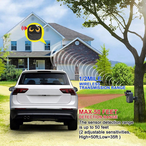 Half Mile Range Wireless Driveway Alarm Kit with Weather Resistant Motion Sensors monitoring a driveway