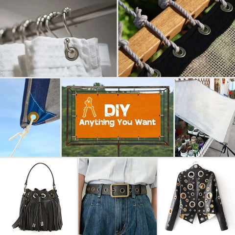 Image collage featuring uses of Three Eighth Inch Grommet Tool Kit Pro Grade Heavy Duty Handheld Pliers Set With 500 Eyelets, for fabric and leather crafts.