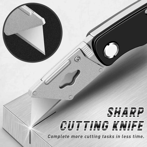 Close-up of 4 Pack Folding Utility Knife Box Cutter With Extra Blades Non Slip Self Locking cutting a box with sharp blade.