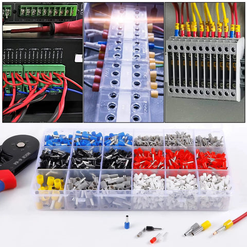 Insulated Copper Wire Ferrules Kit With Crimp Connectors And Cord End Terminals Crimp Pins 2100 Pieces For AWG 22 0.4mm2 Up To AWG 10 6.0mm2 Electrical Terminal Kit All In One For Auto Electronics displayed with connectors and wiring board