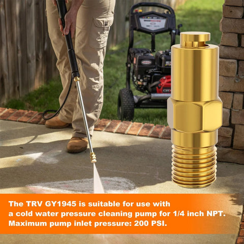 Brass 1/4 in NPT pressure washer thermal relief valve replacement, shown beside a spray wand.