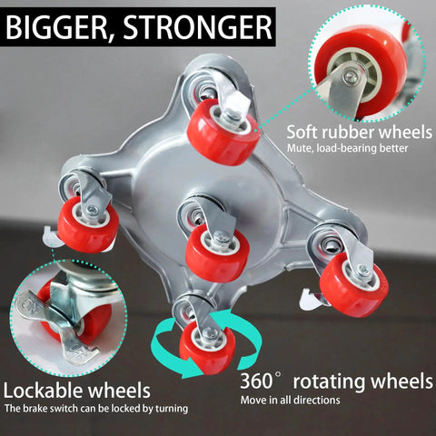 Heavy Duty Five Wheel Furniture Mover Dolly With 360 Degree Rotating Cardan Wheels And Brakes, close-up of rubber wheels.