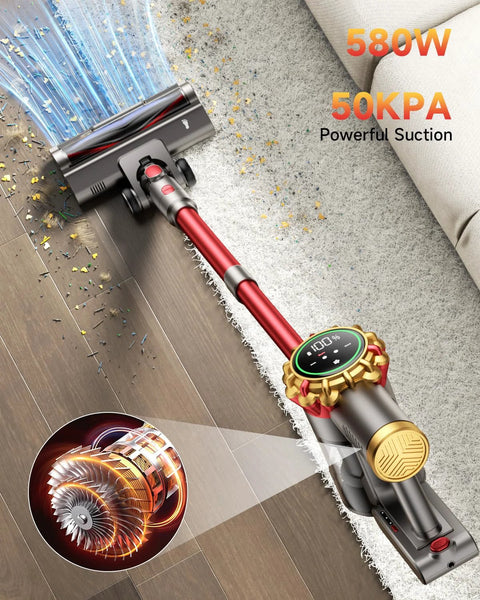 AIPOWAY cordless stick vacuum cleaner with red wand and motorized floor head, 580W, 50KPa suction for hardwood/carpet