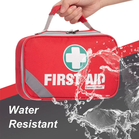 Water-resistant red 2 In 1 First Aid Kit Set With 215 Hospital Grade Items Plus 43 Piece Mini Kit For Travel Home Office Car Emergency Ice Pack Moleskin Pad And Emergency Blanket Compact Lightweight Durable For Every Room And Vehicle shown with splash effect and hand grip.