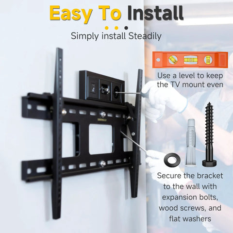 Universal TV Mount Hardware Kit With M8x65 Lag Bolts, Washers, 10x60 Anchors, And Bubble Level installed on wall.