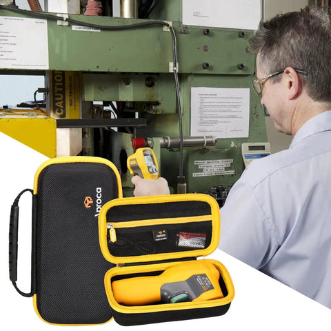 Carrying Case For Fluke 62 Max, 62 Max Plus, 64 Max And 59 Max Plus with open and closed views next to technician using thermometer.