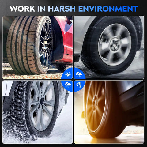 Tires of cars in various harsh weather conditions, showing road grip and durability for different environments.
