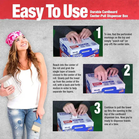 Person using Painters Rags And Shop Towels 200 Count White Center Pull Box, demonstrating usage in three steps.