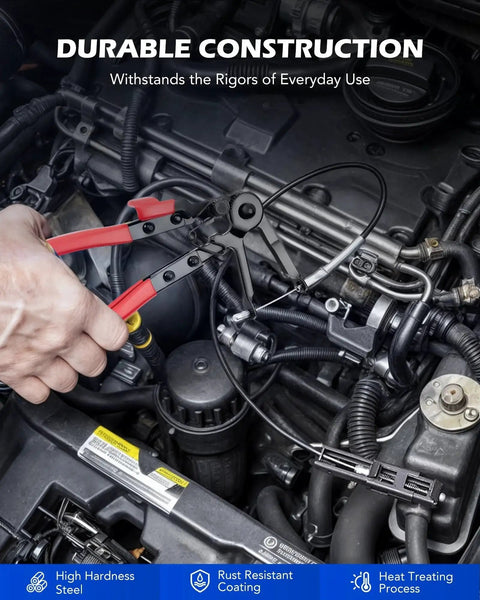 Person using Long Reach Hose Clamp Pliers Set For Automotive Radiator Hoses And Band Clamps on car engine components.