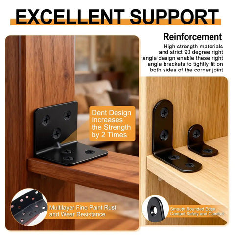 96Pcs Black Stainless Steel L Corner Brackets And Flat Mending Plates Set installed in wooden furniture for stable support and noise reduction.
