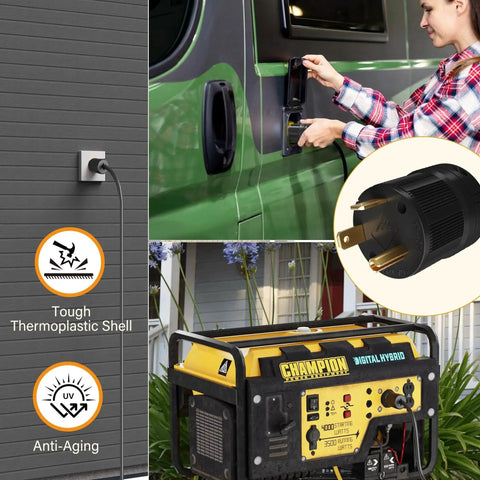 RV Replacement Plug TT30P 30 Amp 125 Volt NEMA Electrical Connector With Grounding being used on trailer camper and generator