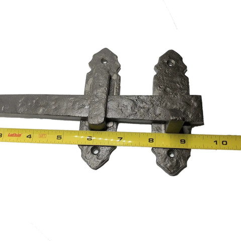 Antique Style Bronze Door Bolt Latch 10 Inch DB126 shown with measuring tape, heavy duty wrought iron decor, vintage bronze finish