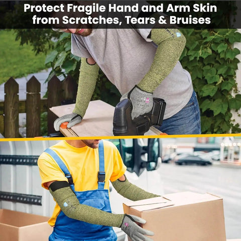 Core Arm Protection Sleeves S081 10 Pairs With Thumbhole used in construction and packing tasks, showing cut and flame-resistant sleeves in action.