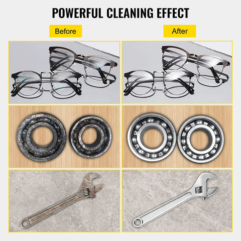 VEVOR 22L industrial sonic cleaner; before/after with glasses, ball bearings, and wrenches (2 each)
