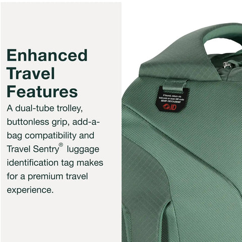 Close-up of Rugged 100L Wheeled Duffel showing enhanced travel features like dual-tube trolley and Travel Sentry tag, Black Osprey Sojourn Shuttle 30in 100L.