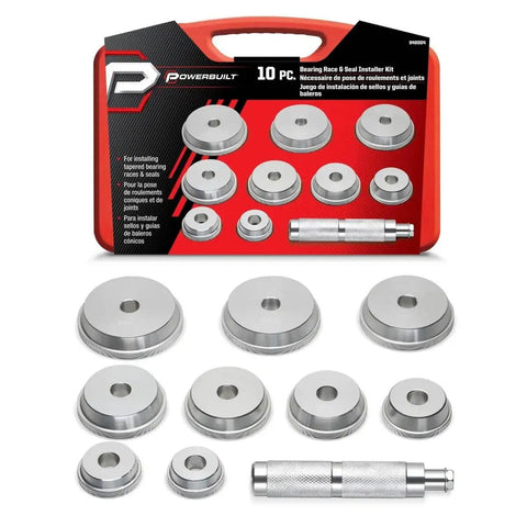 10 Pc Master Bearing Race And Seal Driver Kit With 9 Precision Wheel Inserts From 1.565 To 3.180 Inches For Easy Safe Installation And Removal Of Races And Seals Plus A Durable Driver For Versatile Automotive Use in red case.