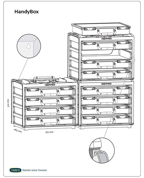Illustration of HandyBox Toolbox Storage And Carrying System with four adjustable grid compartments for small parts.