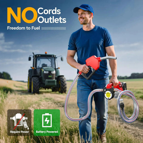 Man holding Cordless Fuel Transfer Pump Kit With 12 GPM Electric Flow 21V 4.0Ah Battery And Charger on farm field.