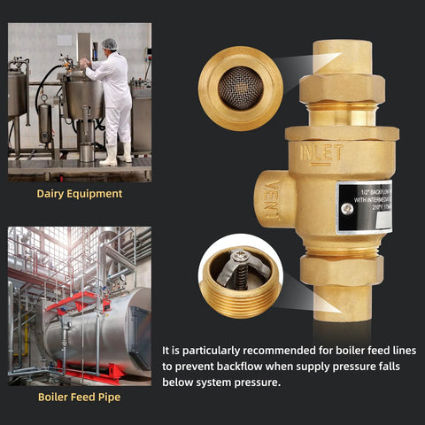 Brass 1/2 in dual-check backflow preventer with atmospheric vent; female unions, inset showing valve components