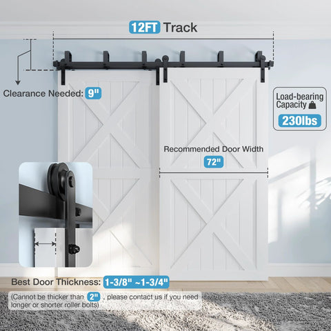 Installed 12 Foot Double Track Bypass Sliding Barn Door Hardware Kit For Two Doors Black Sleek Modern Look Heavy Duty Steel