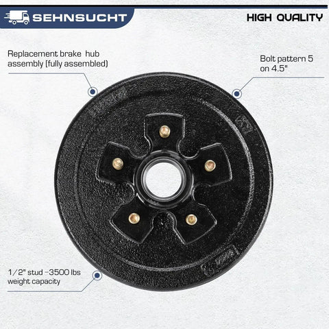 Trailer Axle Electric Brake Kit For 3500 Pound Axles Pair Of Five Hole Four And A Half Inch Bolt Circle Ten Inch By Two And A Quarter Inch Self Adjusting Electric Brakes Heavy Duty Replacement Ten Inch Brake Hub Drum Assembly shown with a fully assembled black brake hub and 5 on 4.5 inch bolt pattern.
