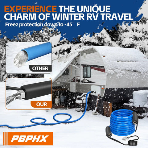 RV heated water hose for drinking water, 50 ft blue, 1/2" ID, thermostat, BPA-free, self-regulating