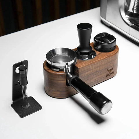 Magnetic WDT Tool For Espresso Puck Prep With 120 Degree Adjustable Angle, shown with 0.25mm and 0.40mm needles, in a barista setup.