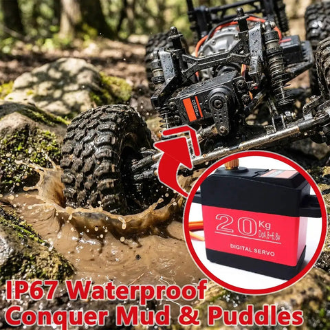 RC model with Two Pack 20Kg Digital Servo Motor Beefy Torque Full Metal Gear Waterproof for DIY DS3218MG in muddy terrain.
