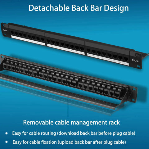 24 Port Cat6 Patch Panel With Inline Keystone 10G Support showing detachable back bar design